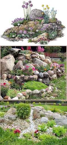 two different views of rocks and flowers in the same area, one with water running through it