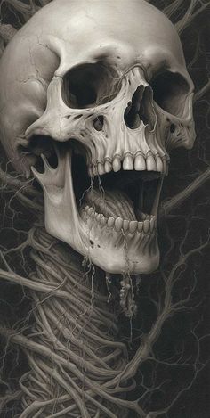 a black and white drawing of a human skull with its head in the center of it's skeleton