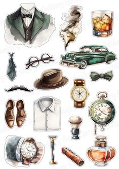 an image of various items that are drawn in watercolor