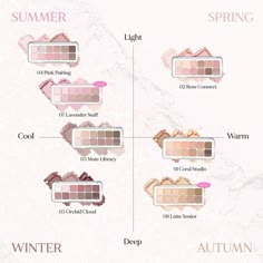 Light Summer Swatches, Soft Summer Eyeshadow Palette, Summer Cool Tone Makeup, Mute Autumn Makeup, Winter Personal Color, Autumn Mute, Dark Winter Color Palette, Cool Tone Makeup, Warm Autumn Color Palette