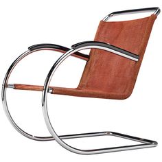 a chair with a metal frame and wooden seat, in the shape of a wheel