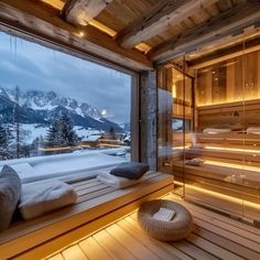 Winter Sauna, Ski Lodge Interior, Modern Ski Home, Cabin Sauna, Mountain Spa, Spa Luxe, Spa Interior Design, Fairytale House