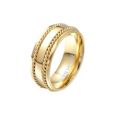 two gold wedding bands with rope detailing on each side and the word love is in the center