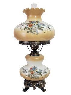 "Vintage Hurricane Lamp White Tan Yellow Blue Flowers Floral Very Large 26 1/2\" - 28 1/2\" Tall Measures about 28 1/2\" from the ground to the top of the chimney From the ground to the top of the shade is 26 1/2\" The top shade is about 10\" tall It is 9 3/4\" across where it fits in the fitter It is 14\" when measured across Measures around with a tape measure the top shade is 43\" around It is 7\" across at the ruffle The bottom shade is about 11\" across at the widest point The bottom lights Vintage Oil Lamps, Yellow Blue Flowers, Fenton Lamps, Tan Flowers, Antique Table Lamps, Milk Glass Lamp, Antique Oil Lamps, Crystal Chandelier Lighting, Switch Socket