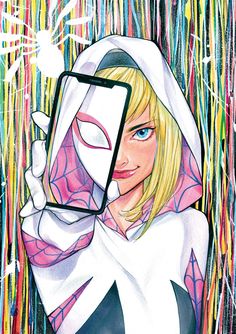 a drawing of a woman holding a cell phone in front of her face and wearing a spider - man costume