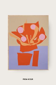 an abstract painting with pink and orange shapes on a blue background that reads from 35 eur