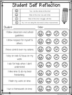 a worksheet with the words student self reflection and smiley faces in black and white