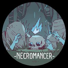 a circular sticker with the words necromancer written in white on it