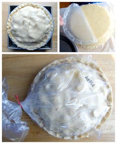 there are three pictures of pies in plastic bags