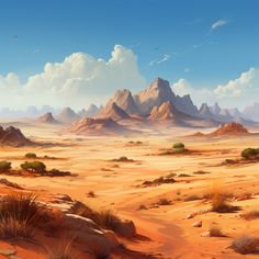 a desert scene with mountains in the distance