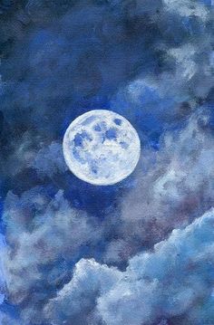 a painting of a full moon in the night sky with clouds and dark blue hues