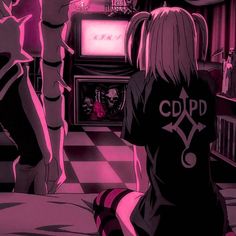 an anime scene with two people watching tv