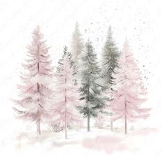 watercolor painting of trees in the snow