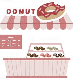 a donut shop with doughnuts on display and the words donuts above it