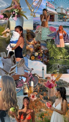 the collage has many different pictures and people around it, including women in bathing suits