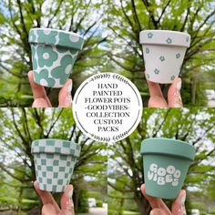 four hand painted flower pots in different colors