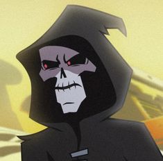 a cartoon character with red eyes wearing a black hooded suit and holding a knife in his hand