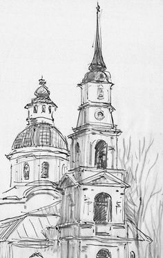 a drawing of a church with two steeples