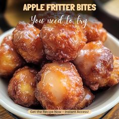 a white plate topped with donuts covered in caramel glaze and the words apple fritter bites you need to try