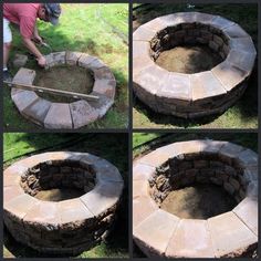 four different pictures of a fire pit being built