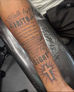 Arm tattoo 
Black ink
Tattoo inspo
Jesus 
Black people Faith Sleeve Tattoo Men, Walk With Faith Tattoo, Leg Sleeve Tattoo Black Male, Bible Verse Sleeve Tattoo, Tattoo Ideas For Men Bible Verse, Faith Over Fear Tattoo Men, Walk By Faith Tattoo Arm, Though I Walk Through The Valley Tattoo, Big Christian Tattoos