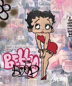 an image of a woman in red dress with graffiti on it