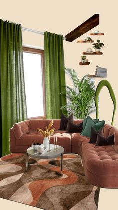 a living room filled with furniture and green curtains