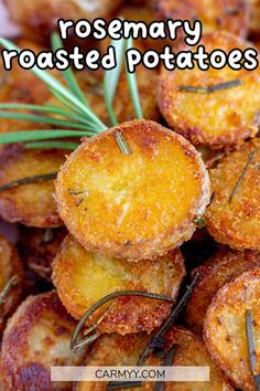 rosemary roasted potatoes on a plate with the title overlay that says rosemary roasted potatoes