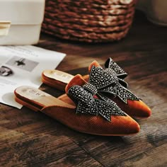 ..curduroy, rust colour flats with a massive bow💕 Designer Mules, Mule Shoes, Bow Women, Rhinestone Bow, Womens Mules, Fabulous Shoes, Hot Shoes, If The Shoe Fits, Crazy Shoes