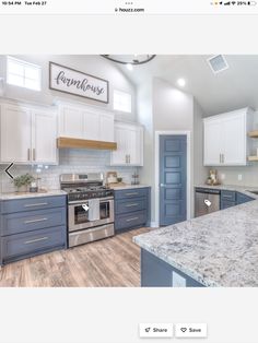 an image of a kitchen with white cabinets and blue counter tops, which is featured on the home depot website