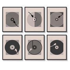 four black and white prints with different records on the same wall, each featuring an analog record player