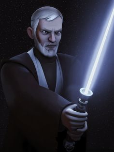 a cartoon character holding a light saber in his hand and looking at the camera with an evil look on his face