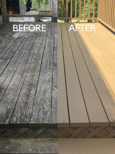 before and after photos of a deck with wood staining on it, the bottom half is white