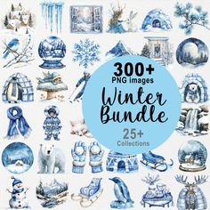 watercolor winter bundle with blue and white images