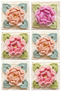 four crocheted squares with flowers on them