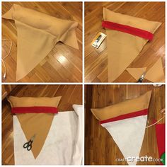 four pictures showing how to make a paper bag with scissors and tape on the side