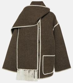 Embroidered wool-blend scarf jacket in brown - Toteme | Mytheresa Toteme Jacket, Scarf Coat, Scarf Jacket, Embroidered Scarf, Embroidered Wool, Winter Cardigan, Wool Blend Jacket, Long Sleeves Coats, Woolen Coat