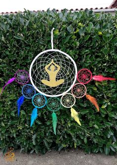 a colorful dream catcher sitting on top of a lush green field next to a hedge