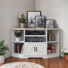 a white entertainment center with plants and pictures on the top shelf in a living room