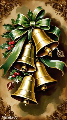 a christmas card with bells and holly