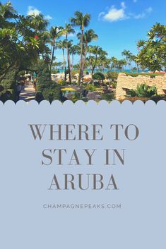 the words where to stay in arubaa with palm trees and blue sky behind