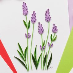 some purple flowers and green leaves on a white paper with red scissors next to it