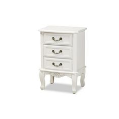 a white wooden cabinet with three drawers on one side and an open drawer on the other