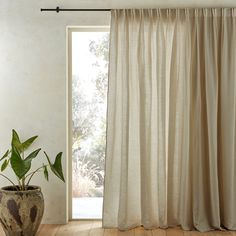 a potted plant sitting in front of a window with curtains hanging on the side