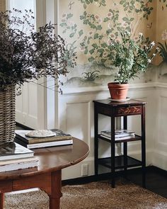 a table with books and a potted plant sitting on top of it next to a window