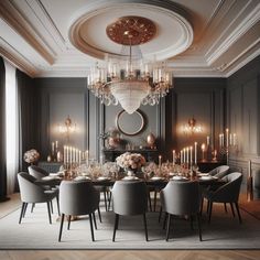 an elegant dining room with chandelier and table set for six people, surrounded by candles