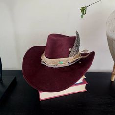 Crescent Carmine This Carmine Red 10-Gallon Hat Is Trimmed With An Organic Jute Ribbon, Hand-Crafted Glass Beads, And Guinea Fowl Feather Detail. Condition: Brand New Material: Faux Suede Size: 56-58 Cm/22 -22.8 Inches Style: Unisex Keywords: Western, Stagecoach, Country, Cowboy, Cowgirl, Concert, Wedding, Bachelorette, Bridal, Burning Man, Stampede, Rodeo, Ranch, Burningman, Gifts For Boyfriend,Gifts For Dad, Gifts For Him, Birthday Gifts, Gifts, Festival, Costume, Nashville, Texas, Trendy Hats Western Stagecoach, Cowgirl Concert, Thrift Manifest, Concert Wedding, Manifest Board, Gifts For Him Birthday, Trendy Hats, For Boyfriend Gifts, Pink Bucket Hat