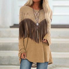 SPU: DZ-100093-YXCFabric Name: 100% PolyesterPattern: Fringe PrintProcess: PrintedStyle: WesternLength: Mid-LengthCollar: Round NeckPopular Elements: Fringe PrintSleeve Type: Raglan SleeveOccasion: DailyTheme: Spring, FallNOTE: If you are not sure, please choose a larger size. If you have any doubts about this product, we suggest you contact our customer service team. Due to the color difference between the screens of different electronic devices (computers, mobile phones or ipads), especially t Fall Beige Fringe Top, Casual Long Sleeve Top With Fringe, Brown Fringe Tops For Fall, Brown Fringe Top For Fall, Government Website, Electronic Devices, Long Sleeve Tunic, Lcd Screen, I Got This