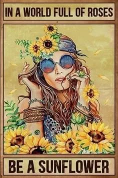 a woman with sunflowers in her hair and sunglasses