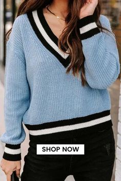 This fashionable V-neck long sleeve sweater is the epitome of chic comfort. Its loose, relaxed fit drapes gracefully, while the finely knitted fabric keeps you cozy and stylish. Whether paired with jeans for a casual day out or dressed up with a skirt, it's a versatile addition to any wardrobe. Blue V-neck Tops With Ribbed Cuffs, Stretch Ribbed V-neck Sweater, Knit V-neck Sweater With Ribbed Cuffs, Casual Stretch Knitted V-neck Sweater, Knitted V-neck Sweater For Winter, Casual Knit V-neck Sweater With Ribbed Cuffs, Blue V-neck Soft Knit Sweater, Chunky Knit Acrylic V-neck Cardigan, Acrylic V-neck Sweater For Winter